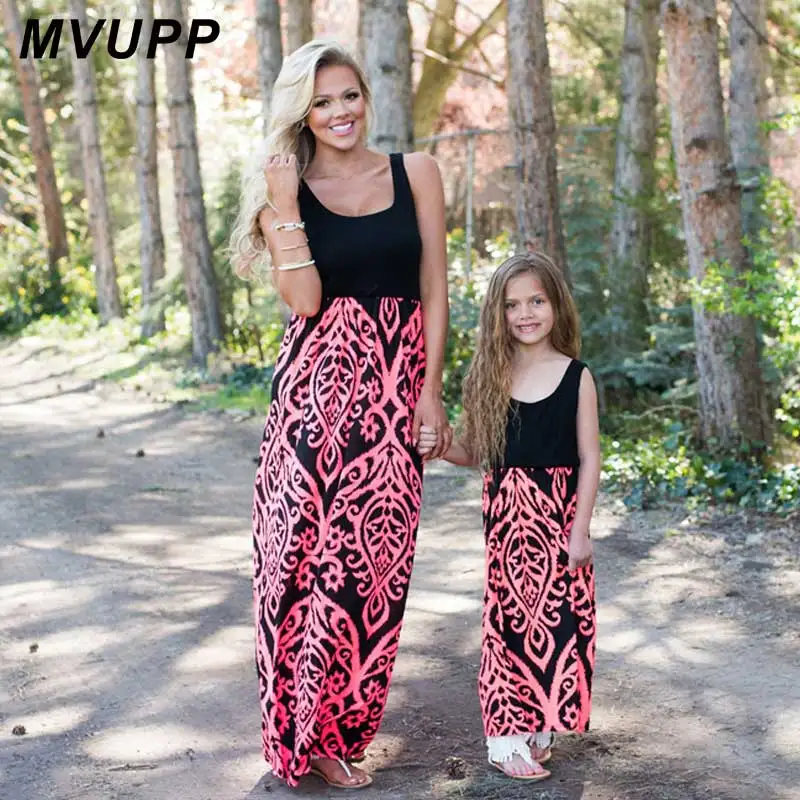 

MVUPP mother daughter dress family matching outfits Neon Coral Black Damask Maxi Dress baby girl summer mommy and me clothes