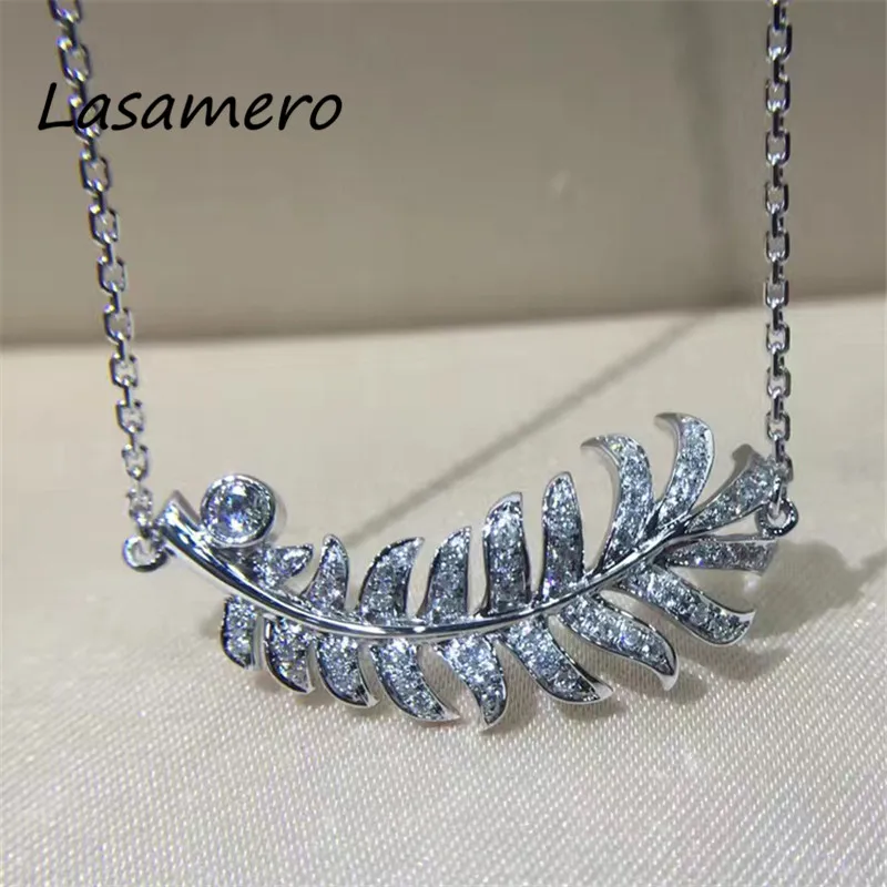 LASAMERO 1CT Round Cut  Pave Set 18k white Gold Feather Shape Natural Diamond Pendant Necklace