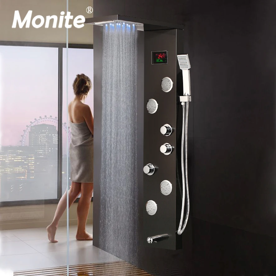 

Monite Dark Grey Nickel Brush Digital Display Shower Panel Column LED Head Rainfall Shower Spa Jets Bath Shower Mixer Faucet