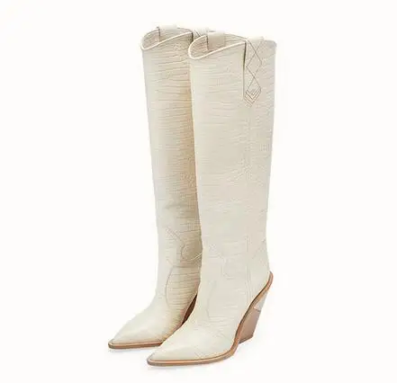 Prova Perfetto Новая мода тиснение плед подиум сапоги женские сапоги до колена острый носок необычный Высокий каблук женские ботинки челси - Цвет: white long boots