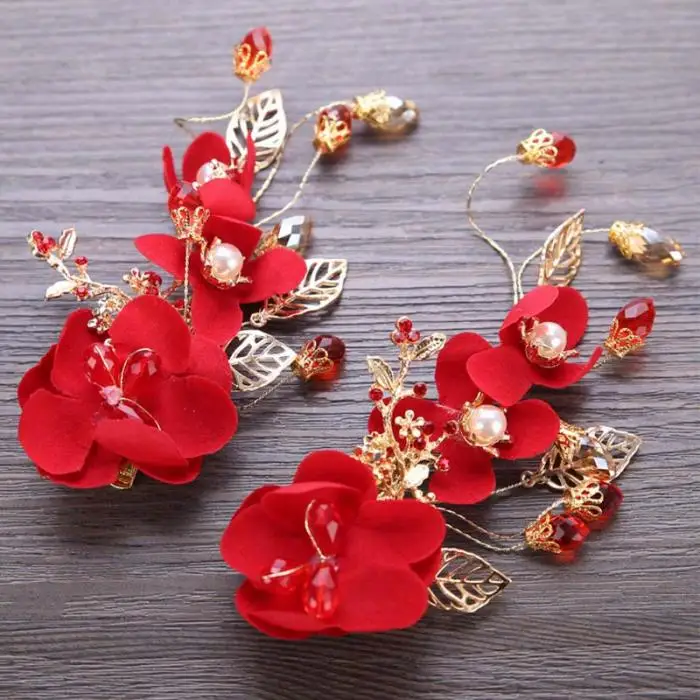 1 шт., классический китайский красный цветок, свадебные заколки для волос, украшения для волос для женщин и девушек, шпилька, тиара, заколка, свадебные аксессуары для волос, LB
