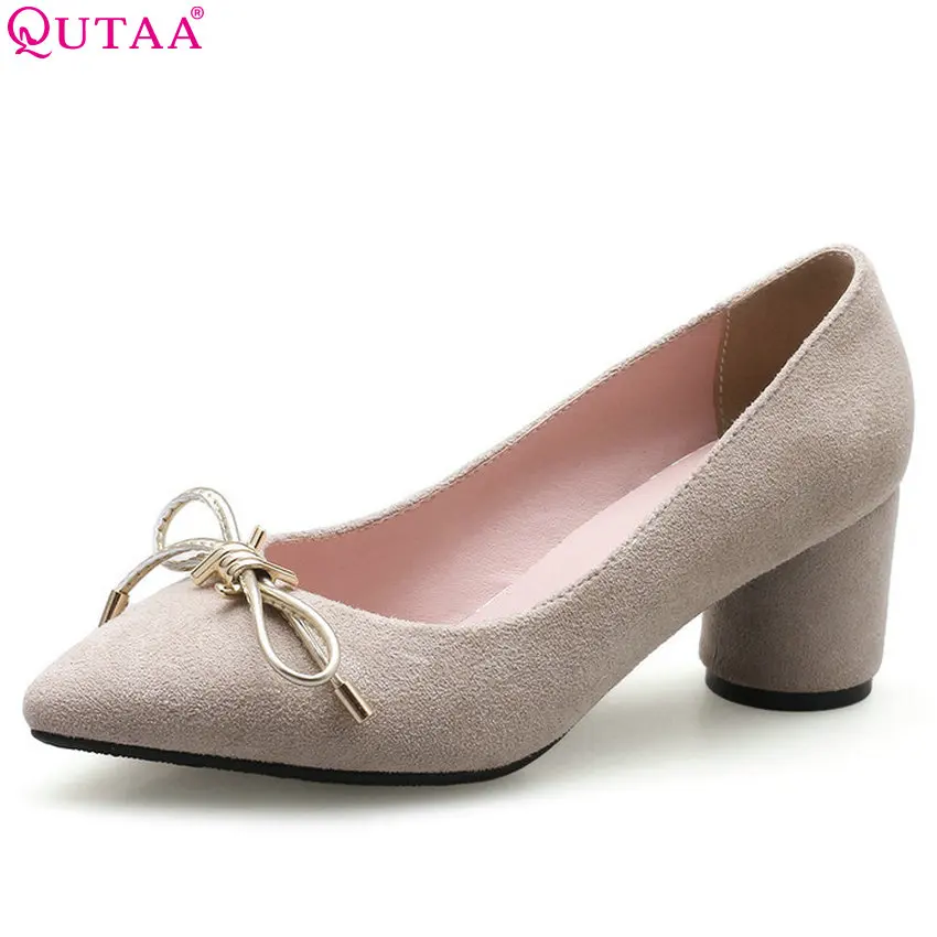 

QUTAA 2018 Women Pumps High Quality Square High Heel Fashion Women Shoes Pointed Toe Bow Tie Flock Women Pumps Size 34-43