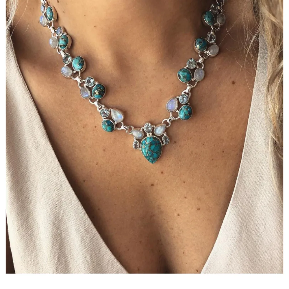 

Boho Retro Necklace Women Pendant Collares 2019 Green Natural Stone Turquoises Chain Women Necklace Party Choker Jewelry Bohemia