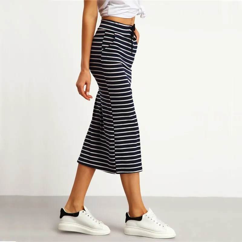 Autumn Women Casual Summer Skirt Navy Black Drawstring Striped Skirts Cozy Pockets Chic Skirts Skirts