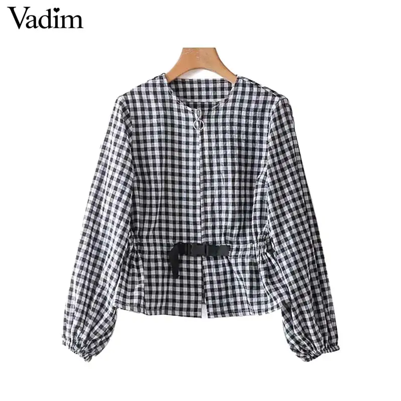 

Vadim women sweet plaid printed blouse sashes O neck long sleeve shirt female casual basic tops blusas LB100