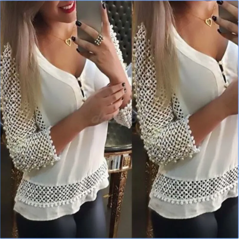 

Sale Ladies White Loose V-Neck Casual Hollow Out Chiffon Blouse