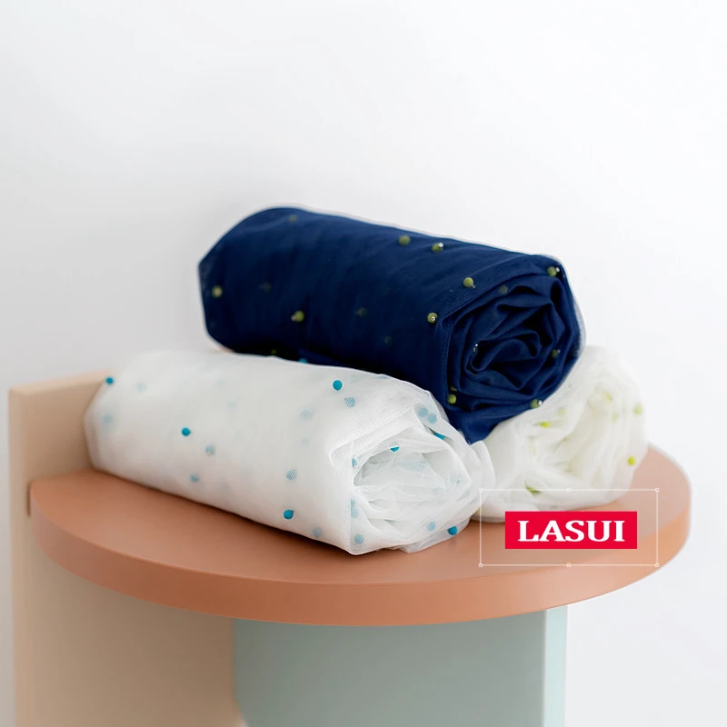 

LASUI 2019 NEW3y =1 Piece F0035 soft white mesh Inlaid pearlFluorescent green/blue bead Good quality lrregular Color beaded lace