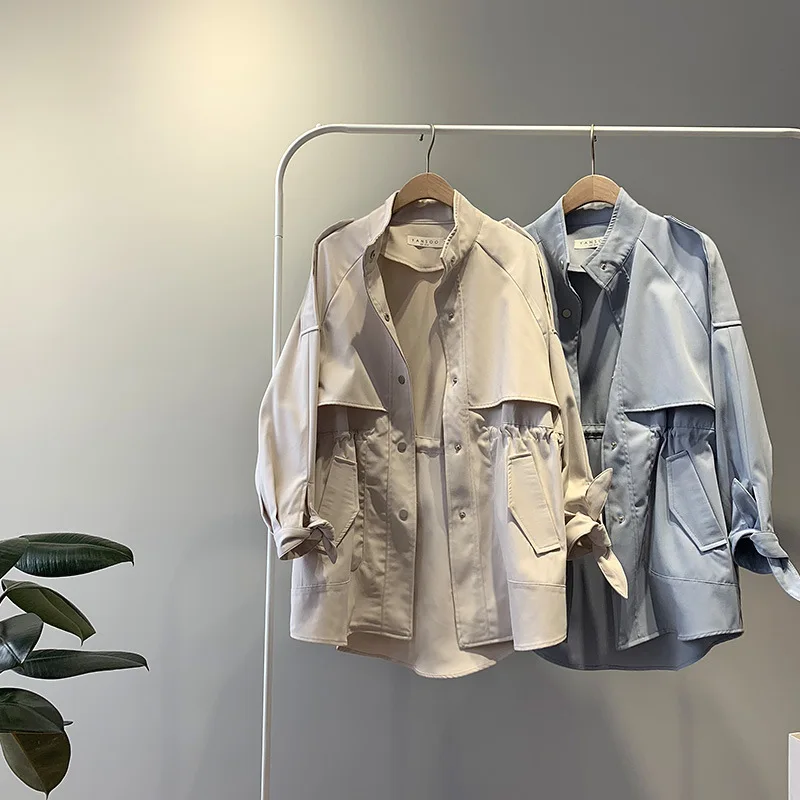 Fashion Trench Coat Female Autumn Windbreaker Drawstring Casual Loose Safari Clothes Stand Collar 2020 Spring Women Short Trench