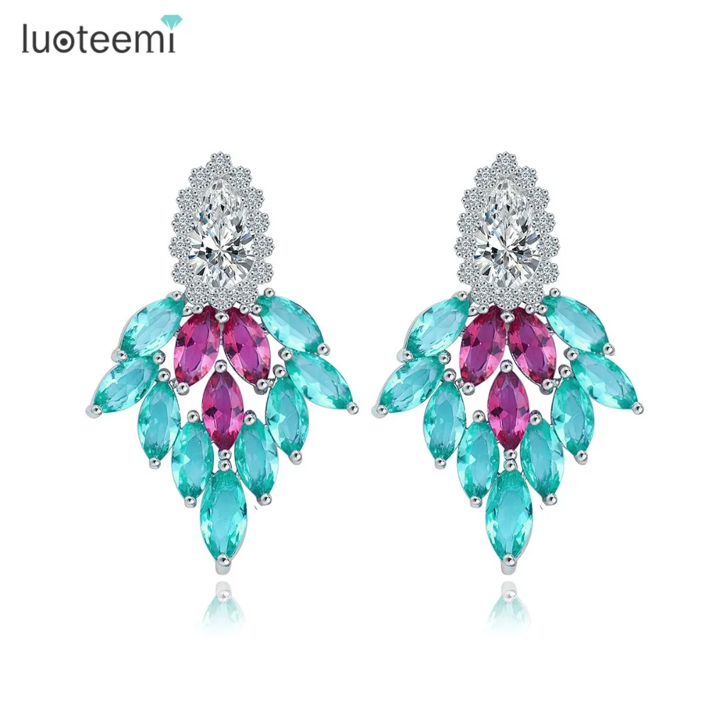 

LUOTEEMI Brand Vintage Leaf Shape Drop Earrings Red Light Blue Zircon White Gold-Color Delicate Jewelry Women Christmas Gift