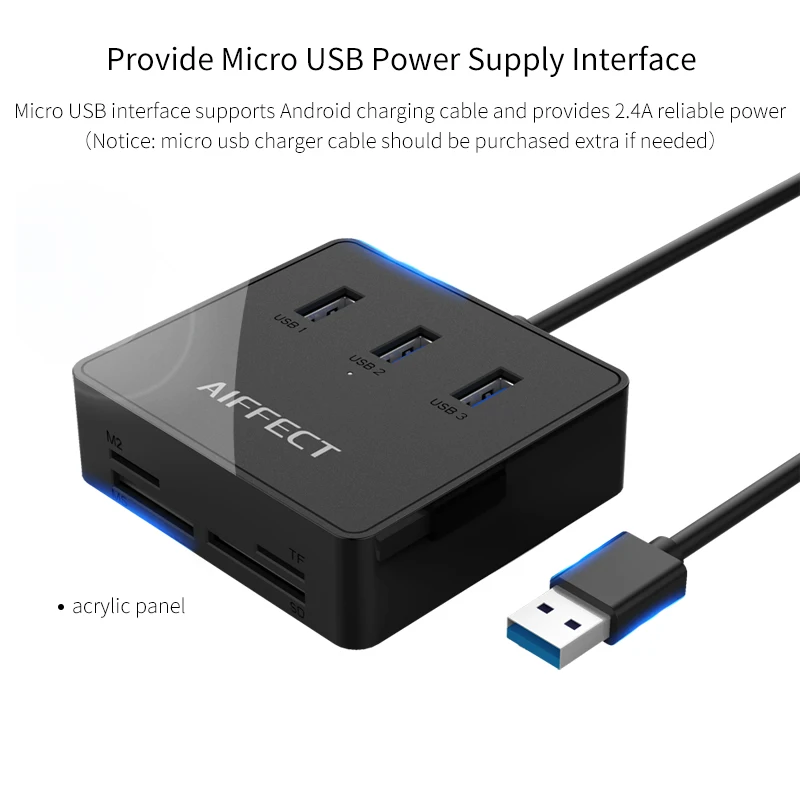 AIFFECT Multi Function 3 Port USB Splitter 3.0 HUB Combo Card Reader Support TF SD M2 MS Converter Micro USB Power for Laptop AIFFECT Multi Function 3 Port USB Splitter 3.0 HUB Combo Card Reader Support TF SD M2 MS Converter Micro USB Power for Laptop