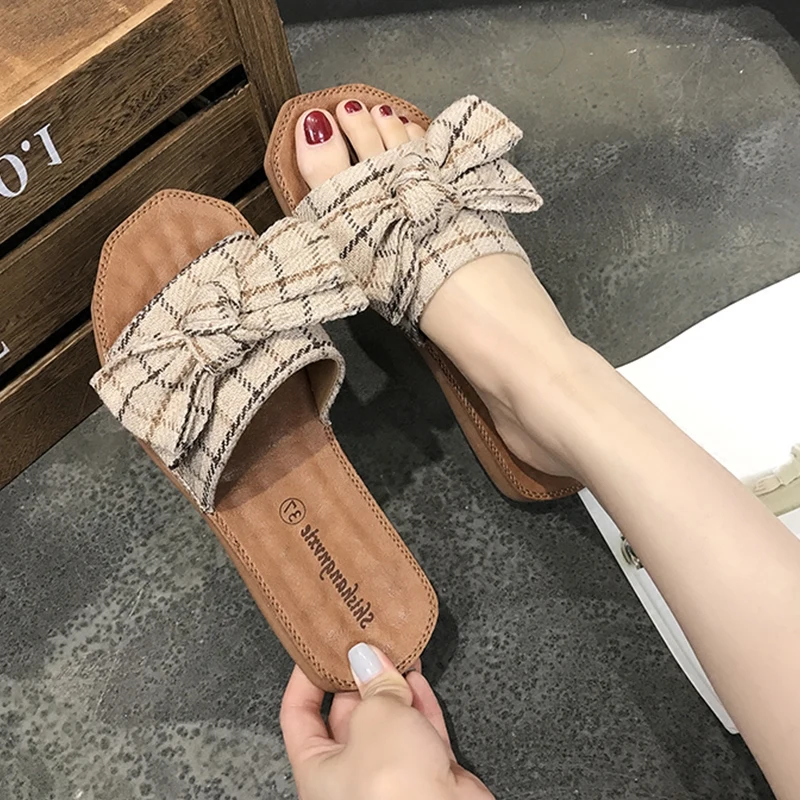 Summer Women Bow Slippers BowknotSandals Flat Non Slip Bathroom Slides Indoor Flip Flop Casual 