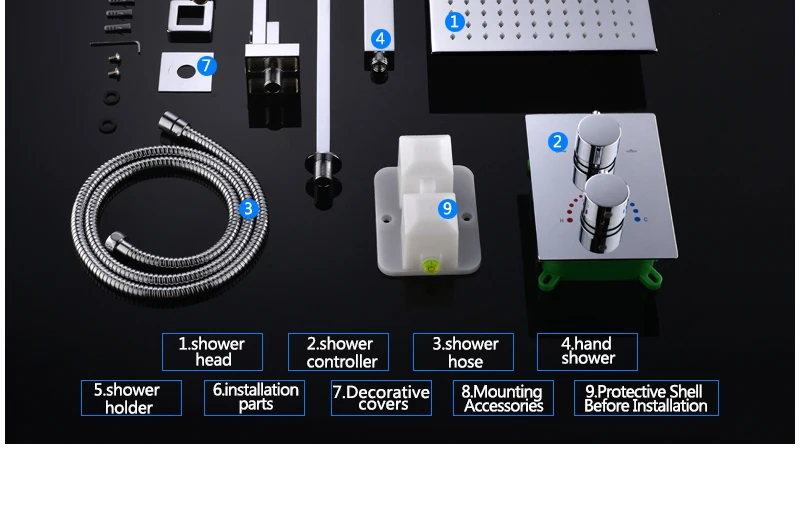 10'' Wall Mounted Shower Faucet Bathroom Rainfall Shower System Set Thermostatic Faucets Tub & Handheld Sprayer Fold Mixer Tap (30)