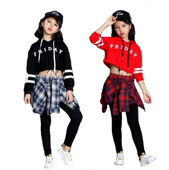 

Teens Girls Two Piece Set Long Sleeve Children Crop Tops And Plaid Skirt Pant Kids Hip Hop Dance Clothes Girls Children Spring