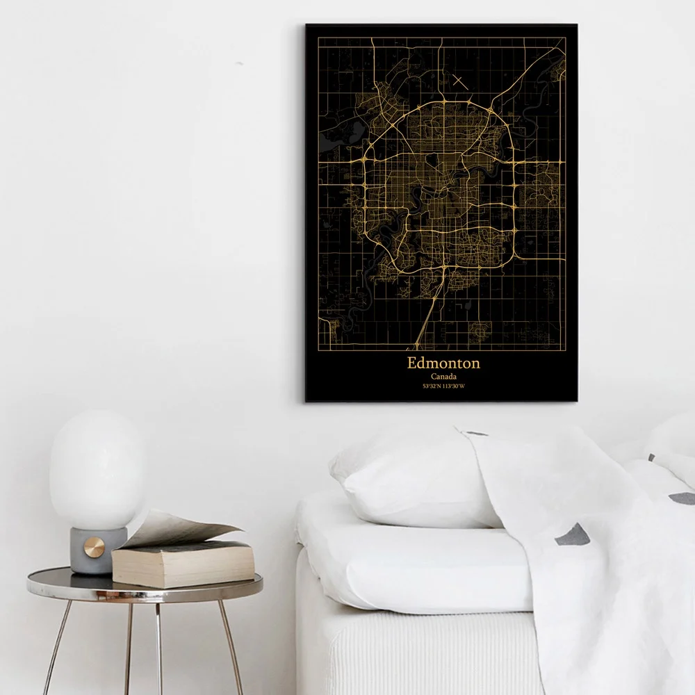 Kaufen Hamilton Mississauga Ottawa Toronto Kanada Stadt Karte Schwarz und Gold Karte Leinwand Kunstdruck Wand Bilder für Wohnzimmer Keine rahmen