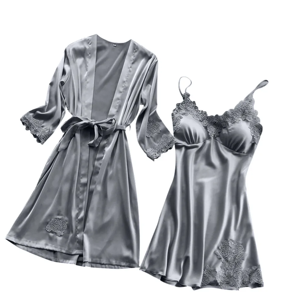 

JAYCOSIN nightdress Women Silk Lace Robe Dress Babydoll Nightdress Sleepwear Kimono Set underwear women sexy lingerie hot z0115.