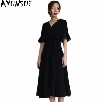 

AYUNSUE 2020 Fashion Black Chiffon Dress Women V-Neck Sexy Summer Dresses Casual Slim Elegant Ladies Party Vestido Longo WXF732