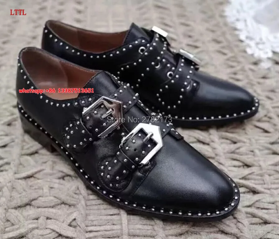 Original Leather Women Buckle Strap Embellished Studs Loafers Shoes Slip-on Flats Casual Shoes Low Top Rome Style Oxfords Shoes