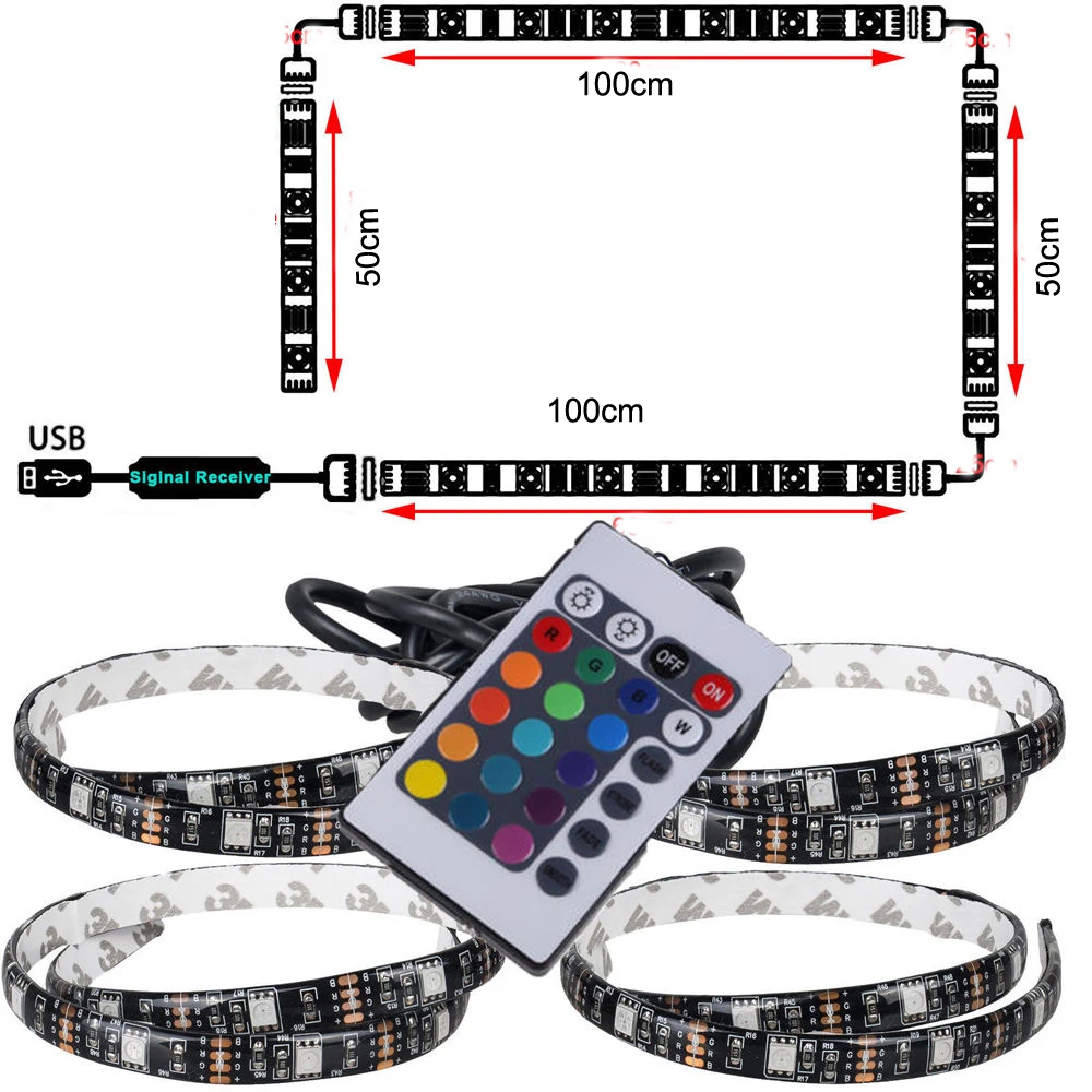 

USB Powered RGB Changing Color led Strip light 44key remote 3M tape lamp For PC Monitor TV Background lighting 2*50cm + 2*100cm