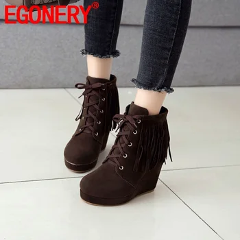 

EGONERY 2019 autumn platform wedge shoes woman 11 cm heel super high heel ankle boots tassels lace up date booties size 34-45