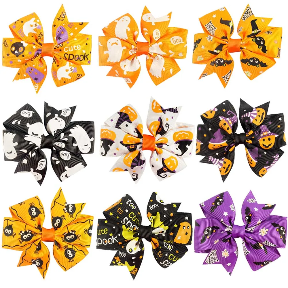

5PCS/Lot 3 Inch Halloween Hair Bow for Girls With Pumpkin Printed Ribbon Hairgrips Trick or Treat Halloween Hair Accessories