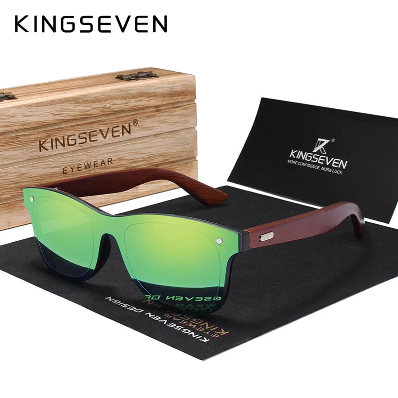 KINGSEVEN, деревянные солнцезащитные очки для мужчин и женщин, квадратные, бамбуковые, женские зеркальные солнцезащитные очки, Oculos de sol Masculino, ручной работы, Деревянный чехол - Цвет линз: Green Wooden