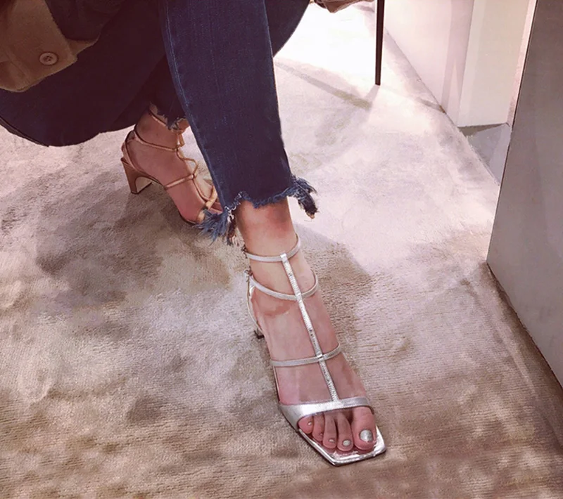Gladiator Women High Heels Sandals Summer Square Toe Heels Gold Silver Heeled Platform Shoes Ladies Sexy Party Wedding Shoes L20 (6)