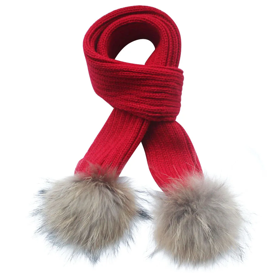 150*16cm crochet Children Scarf wool Knitted Winter Fur Scarves With Detachable Real Raccoon Fur Pom Poms neckwarmer Scarf