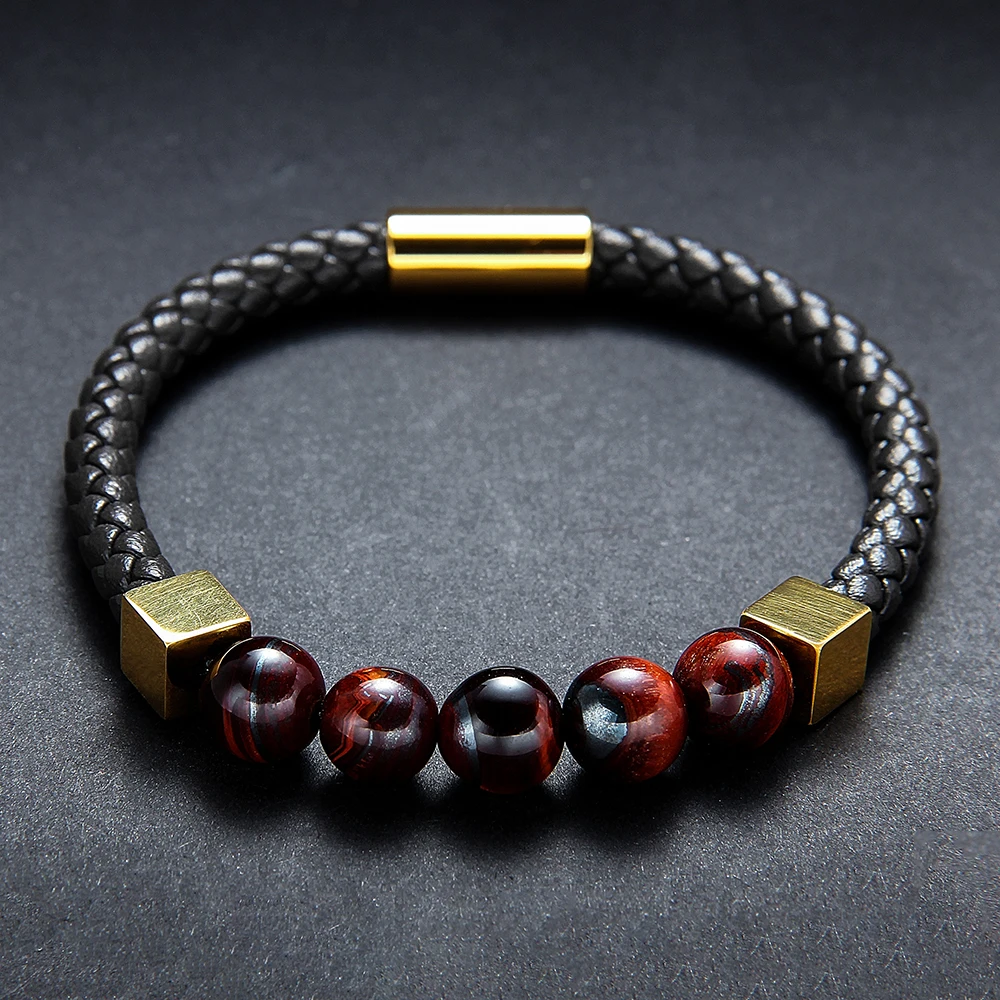 HMSFELY Fashion Men Real Leather Rope Stone Beaded Black Brown Bracelets Stainless Steel Gold Beads Magnetic Bracelet For Men