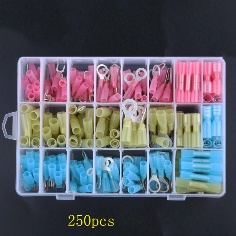 250 PCS/box Heat Shrink Wire Connector Kit Electrical Insulated Crimp Ring Butt Spade Waterproof Marine Automotive Terminals