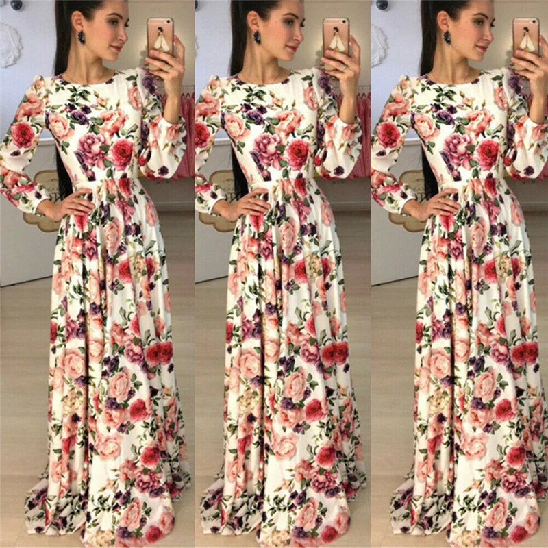 Женское платье с цветочным принтом BOHO длинное коктейльное длинным рукавом и o