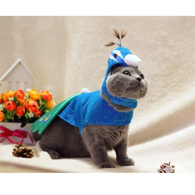 Хэллоуин роскошный синий павлин кошка костюмы для домашних животных Косплей кошка платье одежда с смешная шапка шляпа для маленьких кошек и собак
