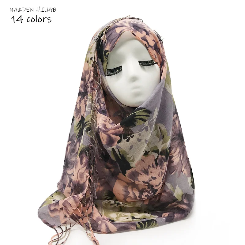 

NEW summer flower print hijab scarf tassel design women muslim floral pattern scarves and shawl fashion wedding elegant foulard