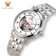 OUYAWEI Brand Women Mechanical Automatic Watch Ladies Dress Steel Watches Fashion Skeleton Clock Relogio Feminino sollen clock women skeleton automatic mechanical watch new arrival design women fashion casual leather watches relogio femininos