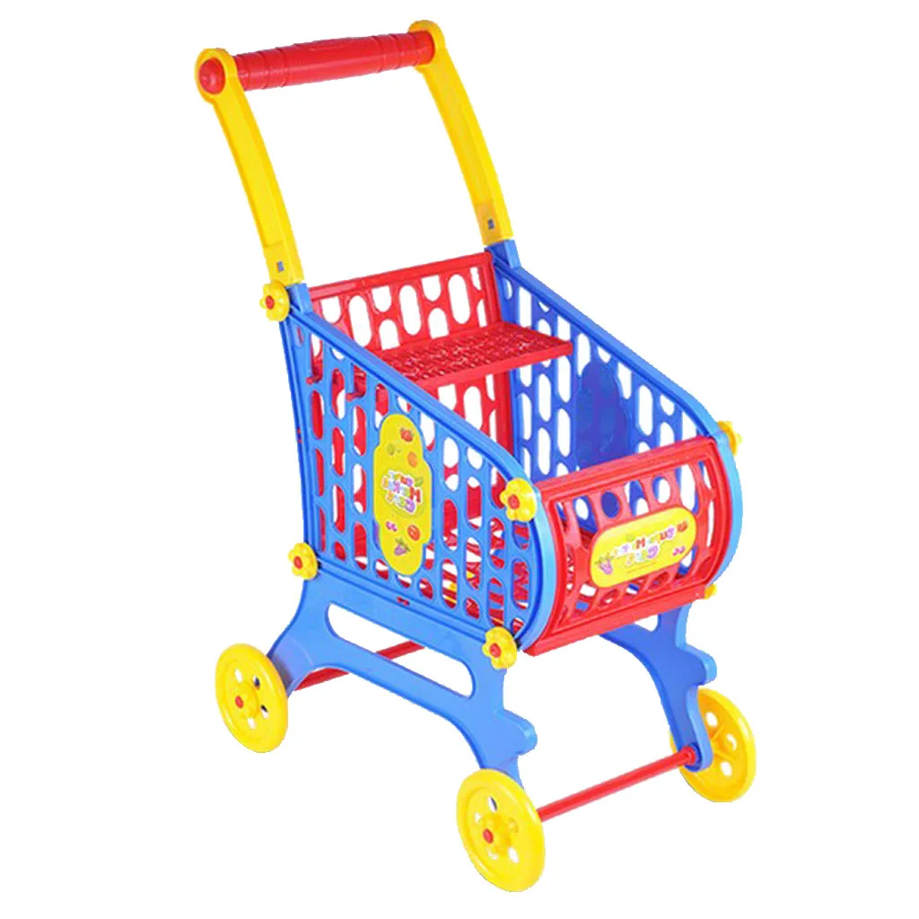 Mini Plastic Supermarket Shopping Cart Basket, Kids Toddler Role Pretend Play Toy Fancy Children Birthday Gift - 25x36x52cm