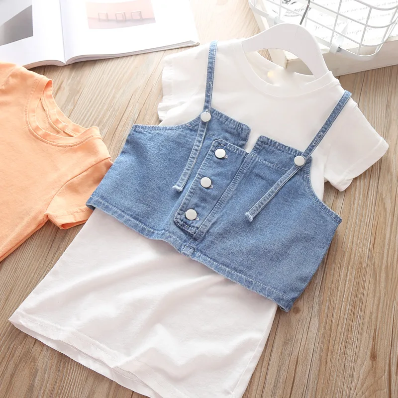 

Girls Dress Set Short Sleeve Long Shirt and Jeans Crop Top Fashion Baby Outfits New Arrvie 2019 Summer Children Clothing