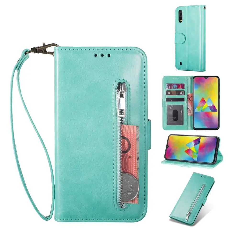 

For Samsung Galaxy A10 A20 A20e A30 A40 A50 A70 Case Premium Genuine Leather Zipper Wallet Card Slot Lanyard Flip Case Cover Bag