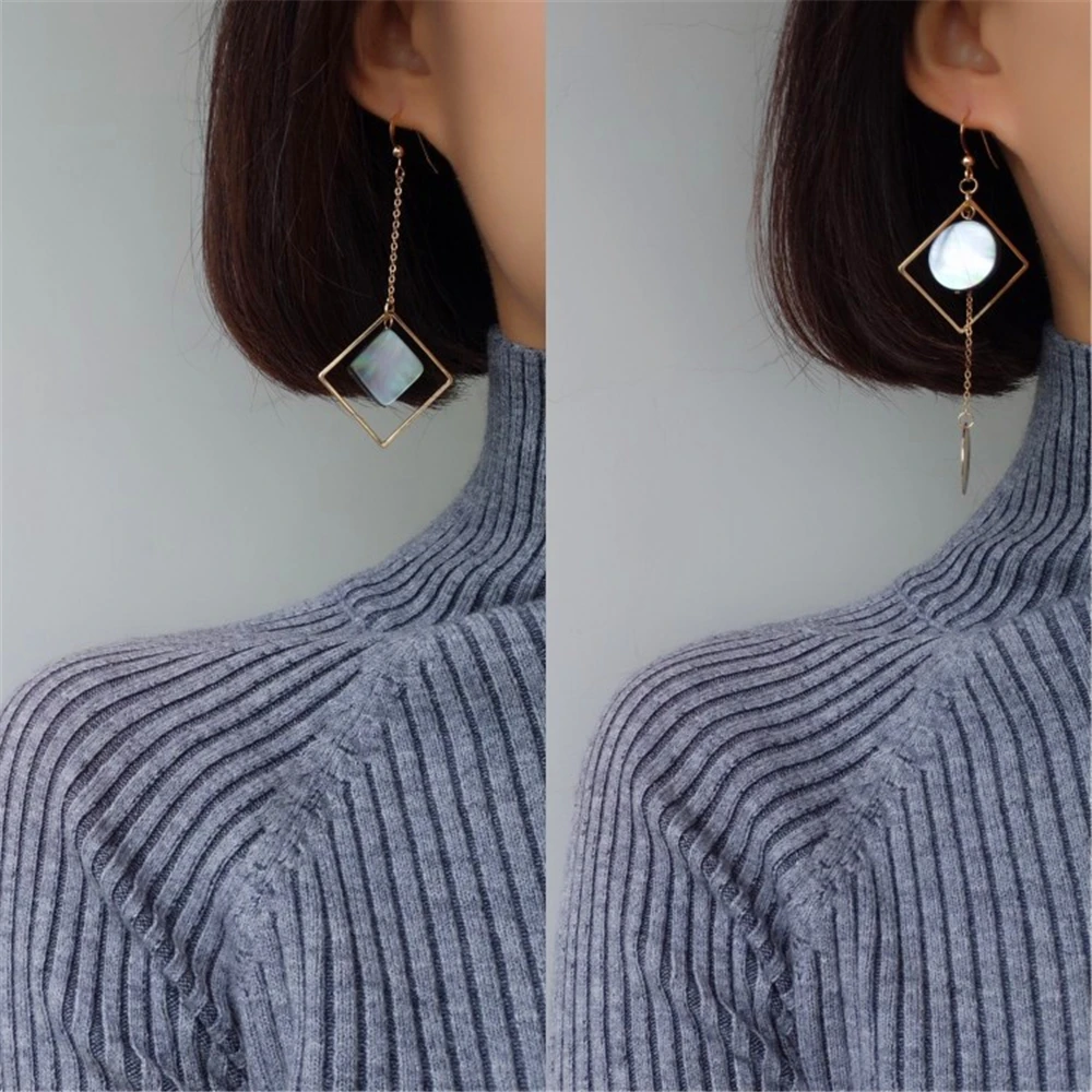 

Popular ladies jewelry earrings, fine metal asymmetric round rectangular geometric shell long chain earrings,