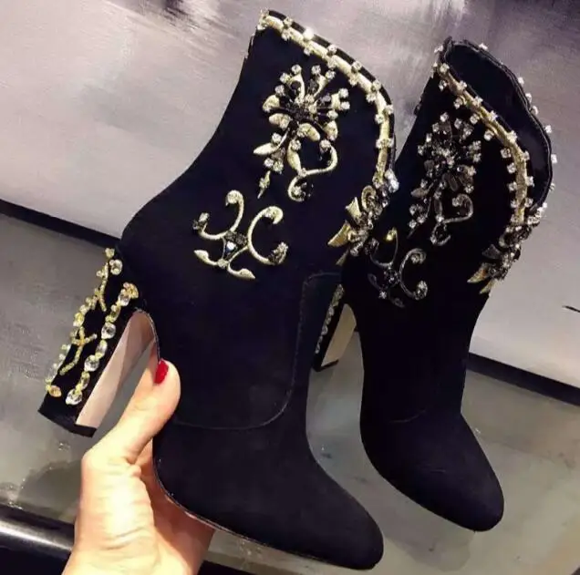 

luxurious diamonds beading chunky high heel woman rhinestone ankle boots custom make woman flower diamonds short boots
