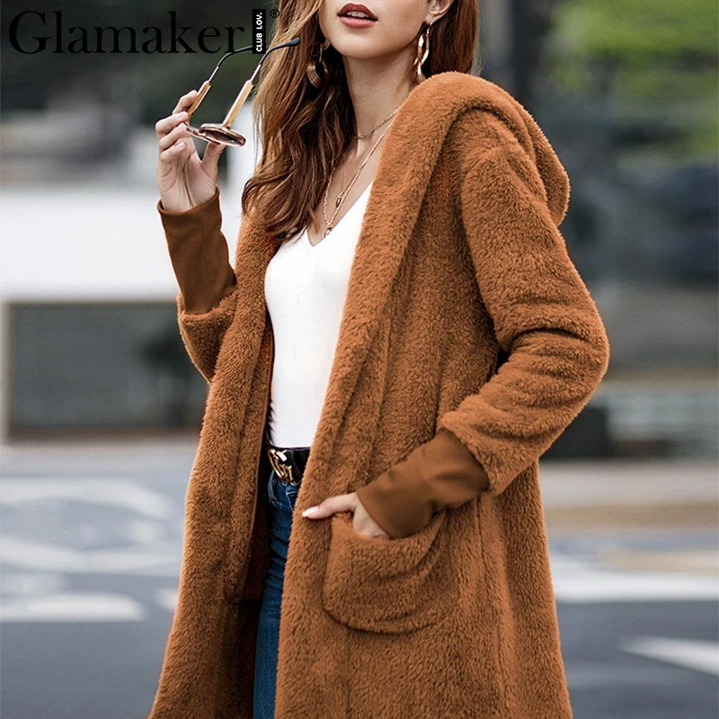 Glamaker Soft hoodie teddy jacket coat winter Women long sleeve streetwear faux fur coat Female casual fluffy fur cardigan daily
