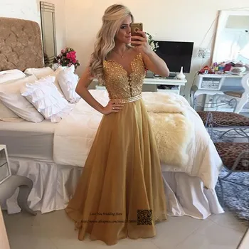 

Gold Lace Long Evening Gowns Crystals Organza Backless Special Occasion Prom Dresses 2017 Floor Length Vestidos de Festa Baile