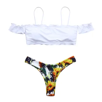 

Fashion Women's split high-waisted print bathing suit sexy Beach backless off- shoulder swimsuit one piece Beachwear 40fb02