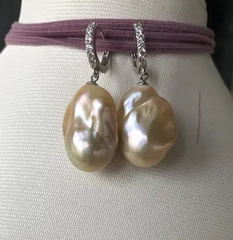 

elegant pair of 18-20mm south sea white pearl dangle earring 925s