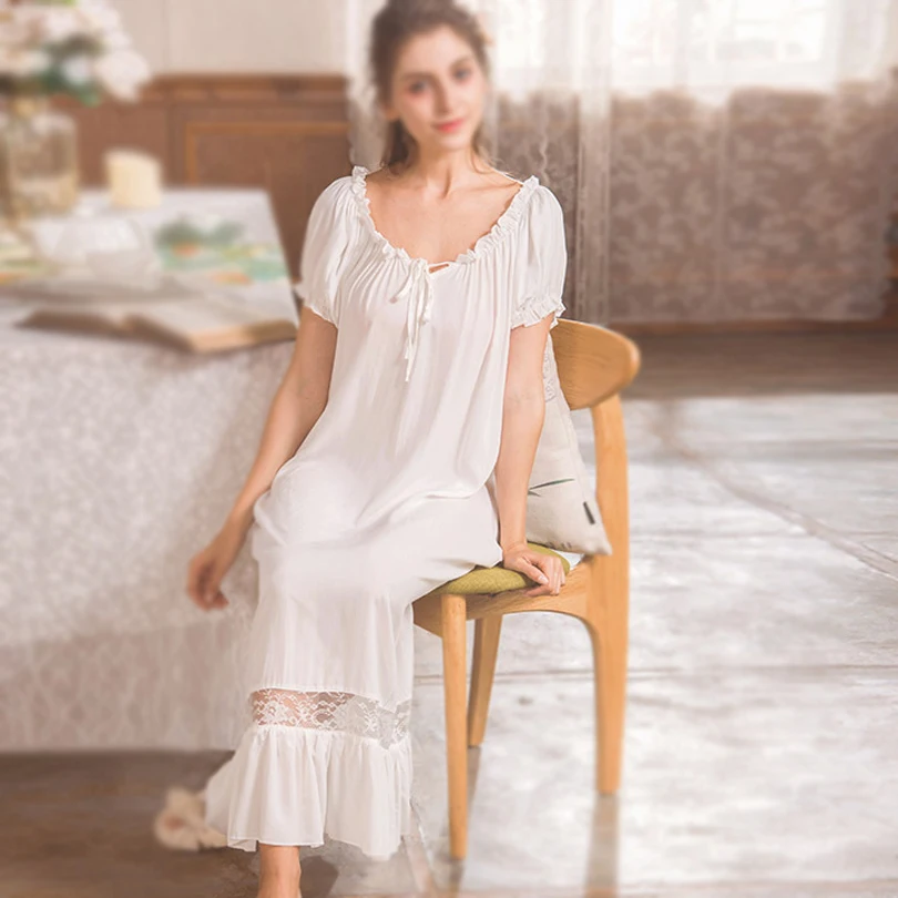 

Women Girl Solid Color White Cotton Lace Elegant Nightgowns Nightdress Sleepwear Lolita Summer Short Sleeve Palace Style Dress