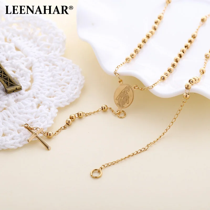 

1PC Stainless Steel Rosary Bead Necklaces Gold Cross pendant Chain for Men Virgin Mary charm cut bead 3mm Necklace men's Gift