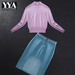 2019 весна женские костюмы Звезда стиль розовый с длинными рукавами свитер летний костюм из топа и юбки юбка женский сплит мини джинсовая