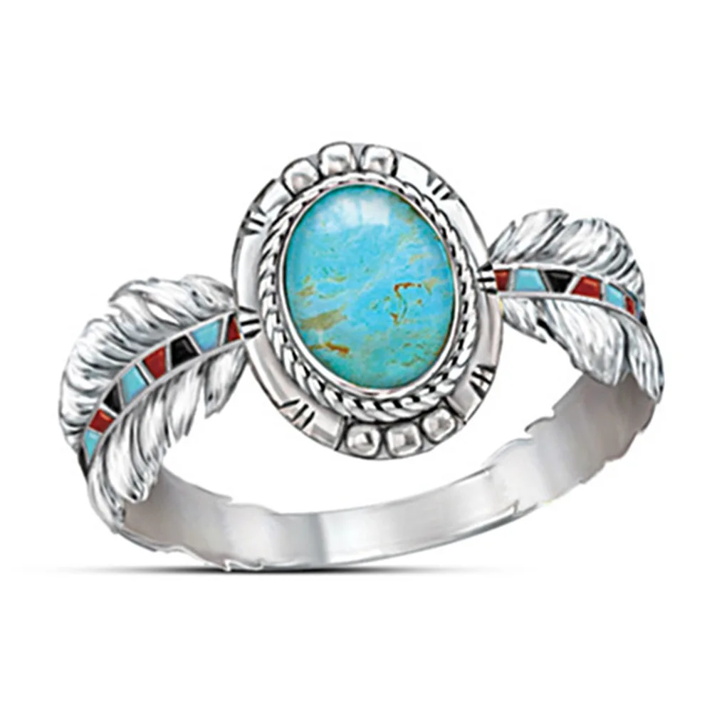 

Imitation Turquoises Rings For Women Vintage Retro Feather Unique Angels Finger Ring Gold Silver Party Charms Jewelry