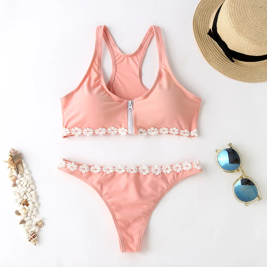 

Zipper Solid Bikini Girls Female Swimsuit Women Swimwear Two-pieces Bikini Set Little Flower Bather Bathing Suit Swim Lady