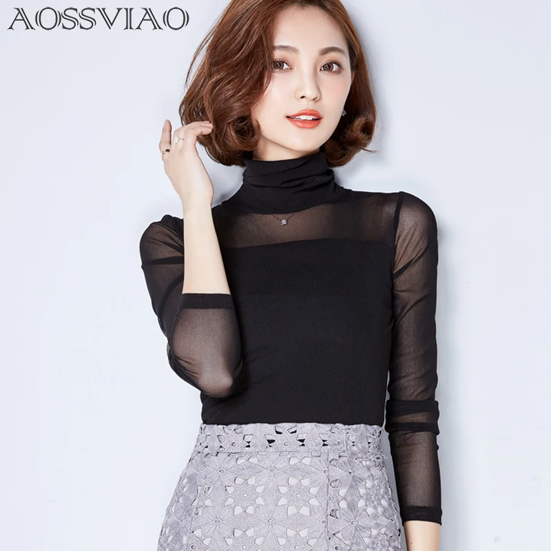 

2019 Sexy Hollow Mesh Turtleneck Women Sexy Blouse Shirt For Work Fashion Casual Long Sleeve Tops Women Shirts White Black Green