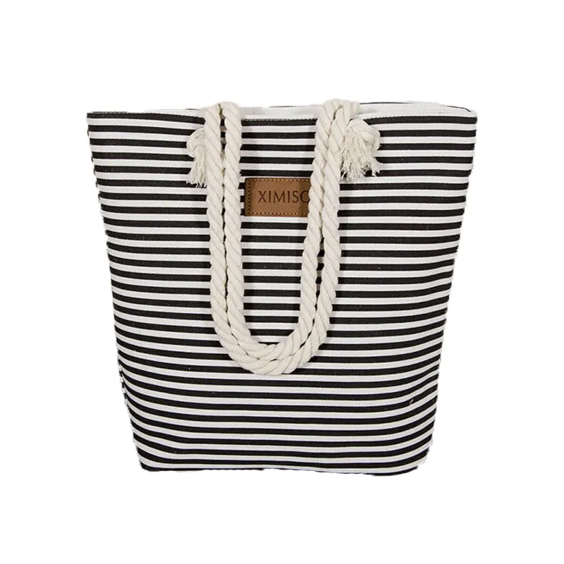 

2019 Women Stripes Canvas Summer Beach Bag Large Capacity Shoulder Bag Ladies Totes Girl's Casual Shopping Handbag