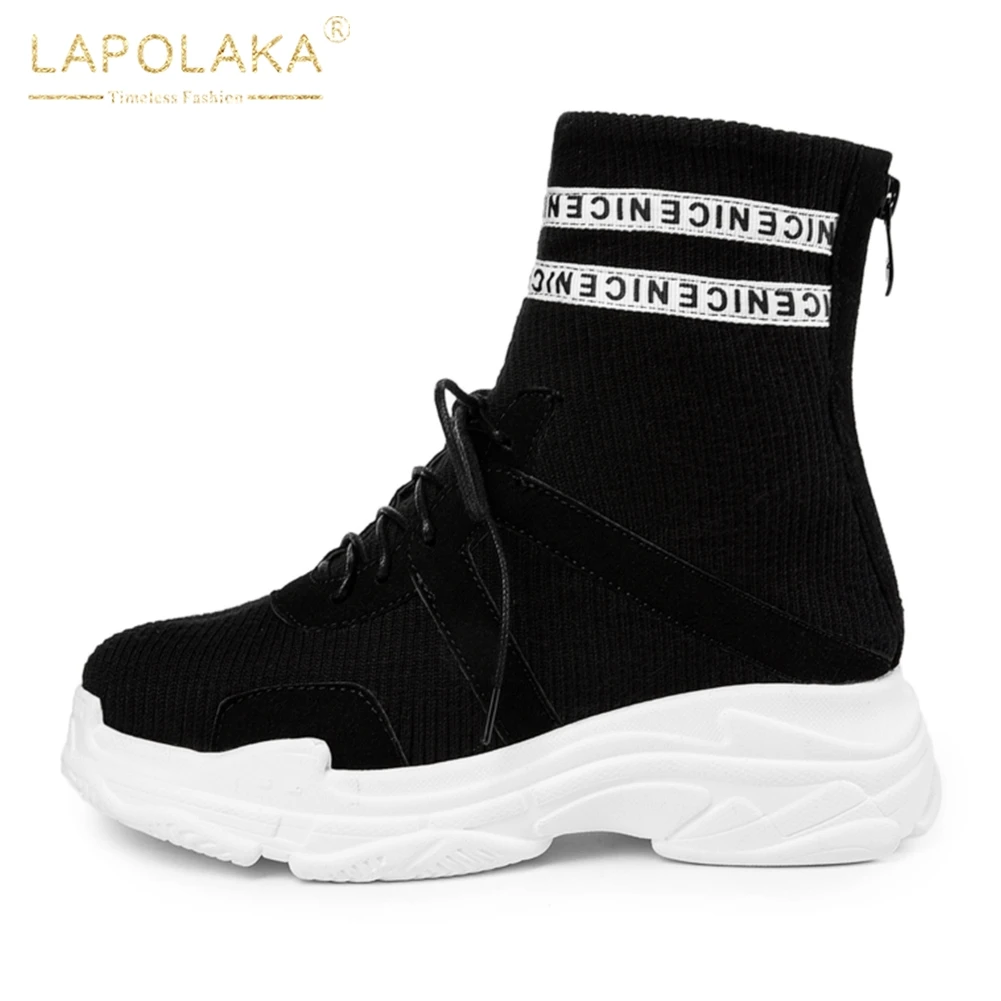 With Plattform Plus Neue White black Verkauf 29 48 white Frauen black Marke Heißer Schuhe Lapolaka Stiefel Frühling Fur Herbst Fur Stiefeletten Frau Up Lace Größe YEq51cw